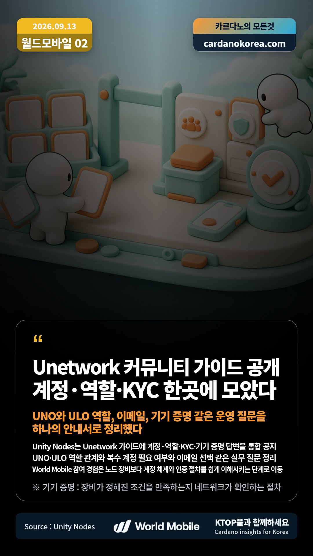 Unity Nodes는 Unetwork 가이드에 계정·역할·KYC·기기 증명 답변을 통합 공지 — UNO·ULO 역할 관계와 복수 계정 필요 여부와 이메일 선택 같은 실무 질문 정리