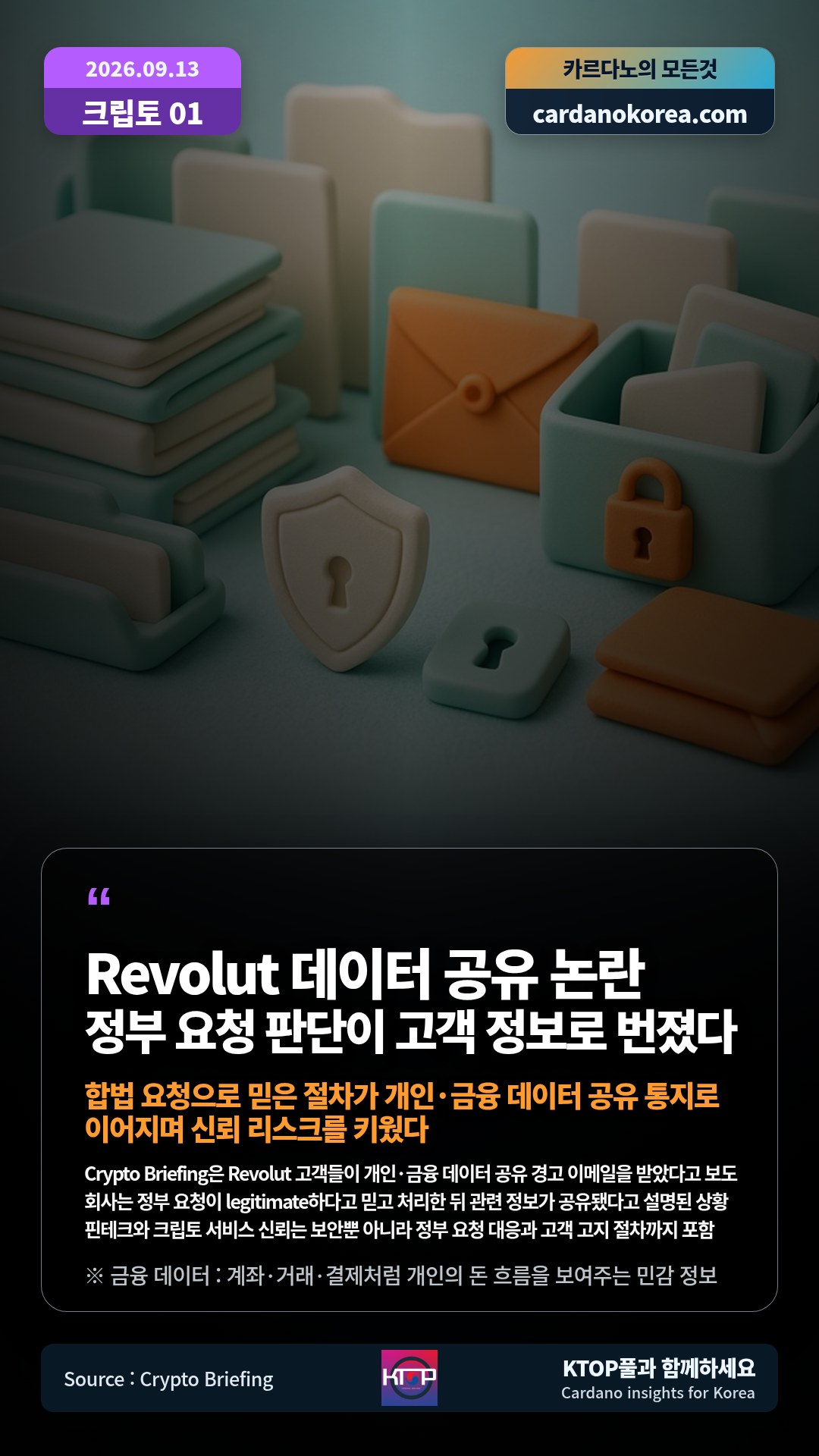 Crypto Briefing은 Revolut 고객들이 개인·금융 데이터 공유 경고 이메일을 받았다고 보도 — 회사는 정부 요청이 legitimate하다고 믿고 처리한 뒤 관련 정보가 공유됐다고 설명된 상황