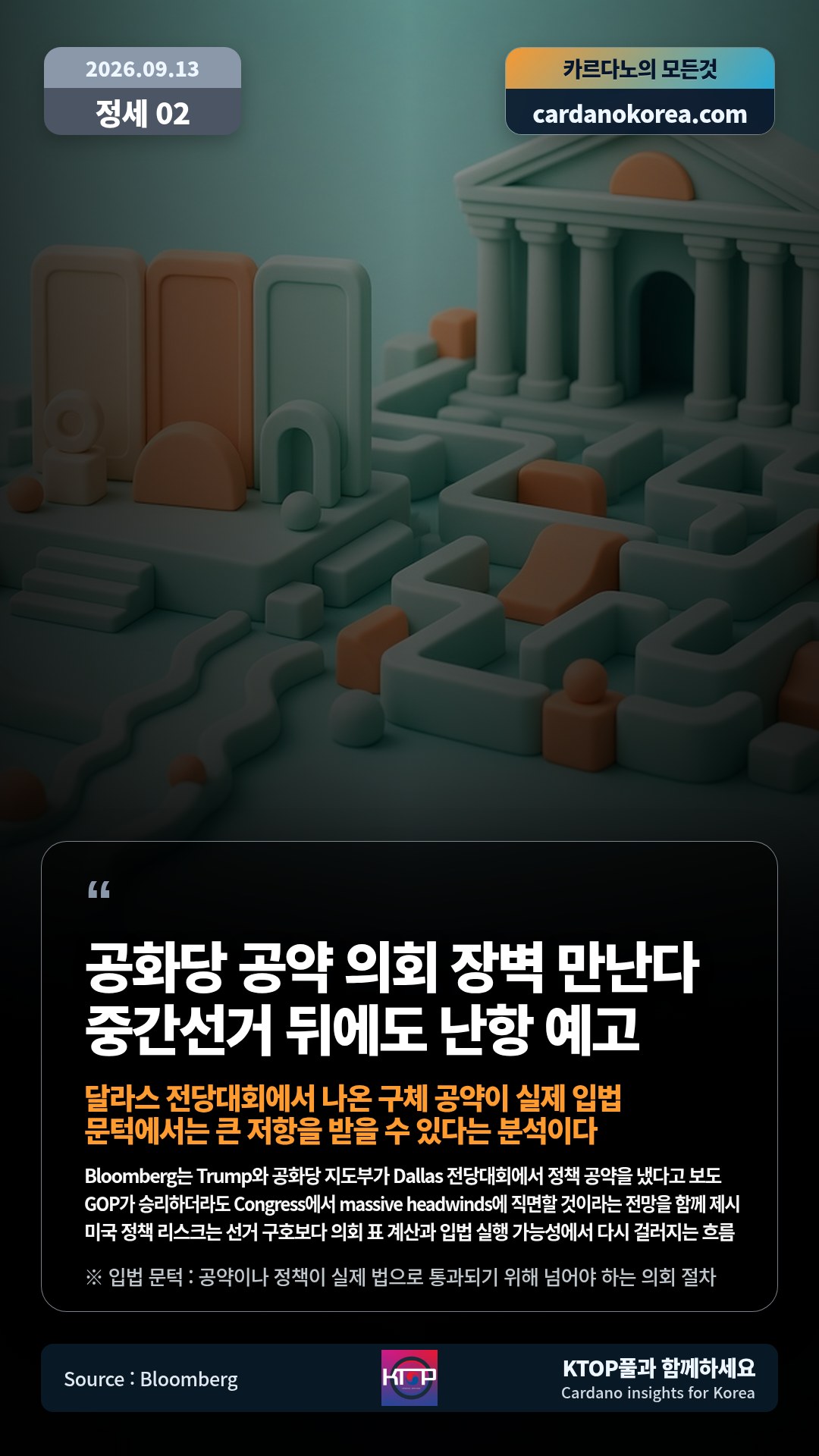Bloomberg는 Trump와 공화당 지도부가 Dallas 전당대회에서 정책 공약을 냈다고 보도 — GOP가 승리하더라도 Congress에서 massive headwinds에 직면할 것이라는 전망을 함께 제시