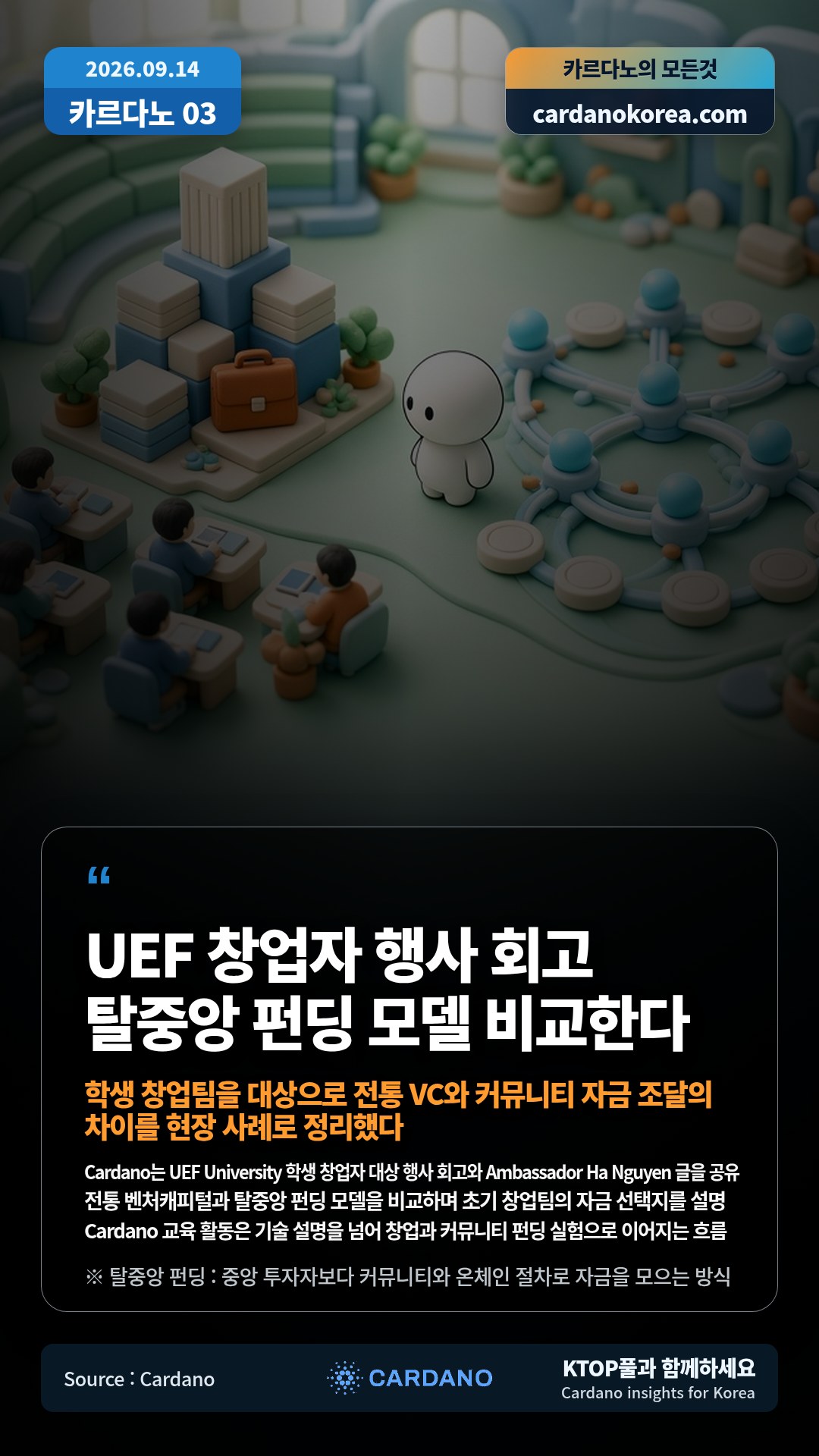 Cardano는 UEF University 학생 창업자 대상 행사 회고와 Ambassador Ha Nguyen 글을 공유 — 전통 벤처캐피털과 탈중앙 펀딩 모델을 비교하며 초기 창업팀의 자금 선택지를 설명