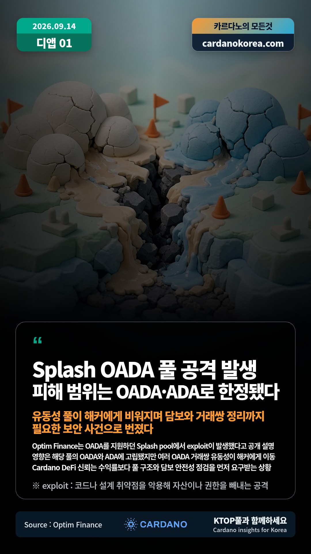 Optim Finance는 OADA를 지원하던 Splash pool에서 exploit이 발생했다고 공개 설명 — 영향은 해당 풀의 OADA와 ADA에 고립됐지만 여러 OADA 거래쌍 유동성이 해커에게 이동