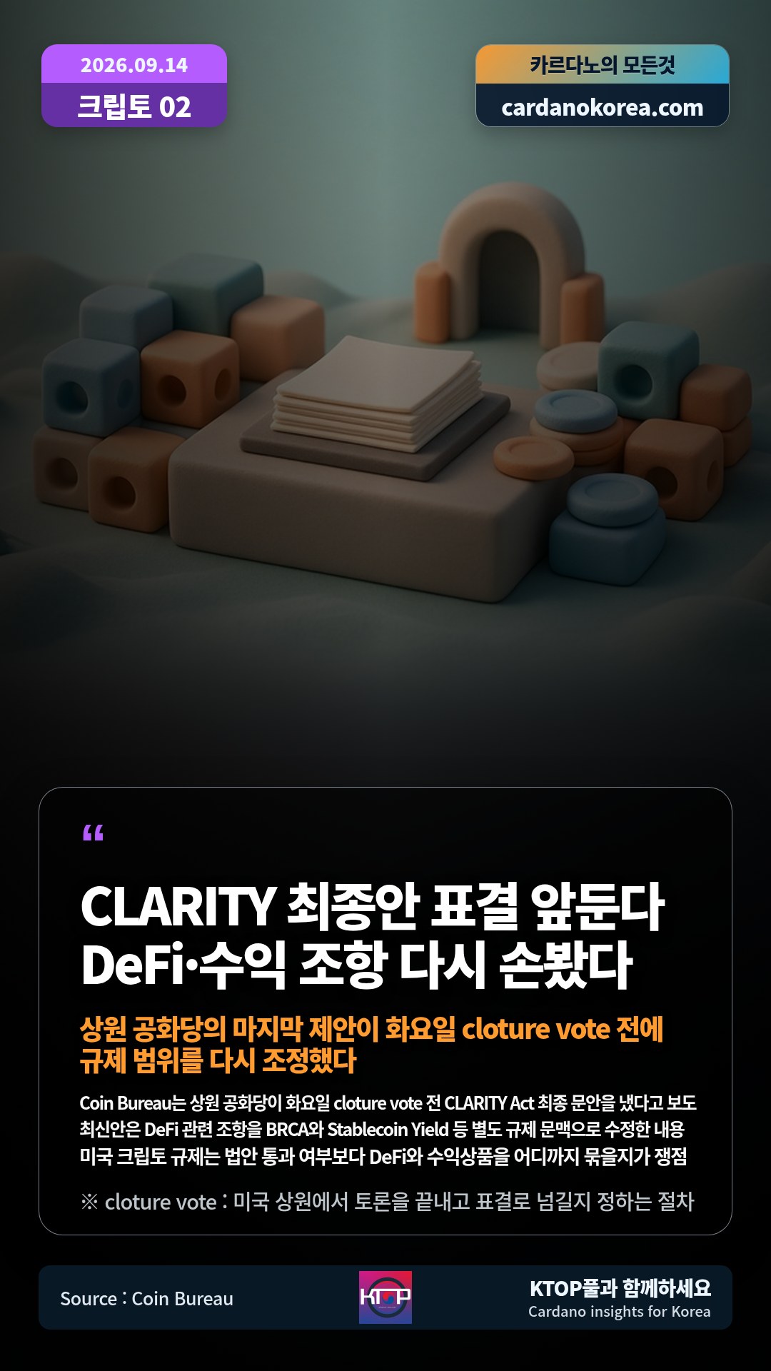 Coin Bureau는 상원 공화당이 화요일 cloture vote 전 CLARITY Act 최종 문안을 냈다고 보도 — 최신안은 DeFi 관련 조항을 BRCA와 Stablecoin Yield 등 별도 규제 문맥으로 수정한 내용