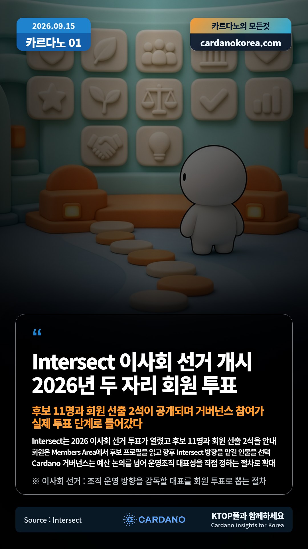 Intersect는 2026 이사회 선거 투표가 열렸고 후보 11명과 회원 선출 2석을 안내 — 회원은 Members Area에서 후보 프로필을 읽고 향후 Intersect 방향을 맡길 인물을 선택