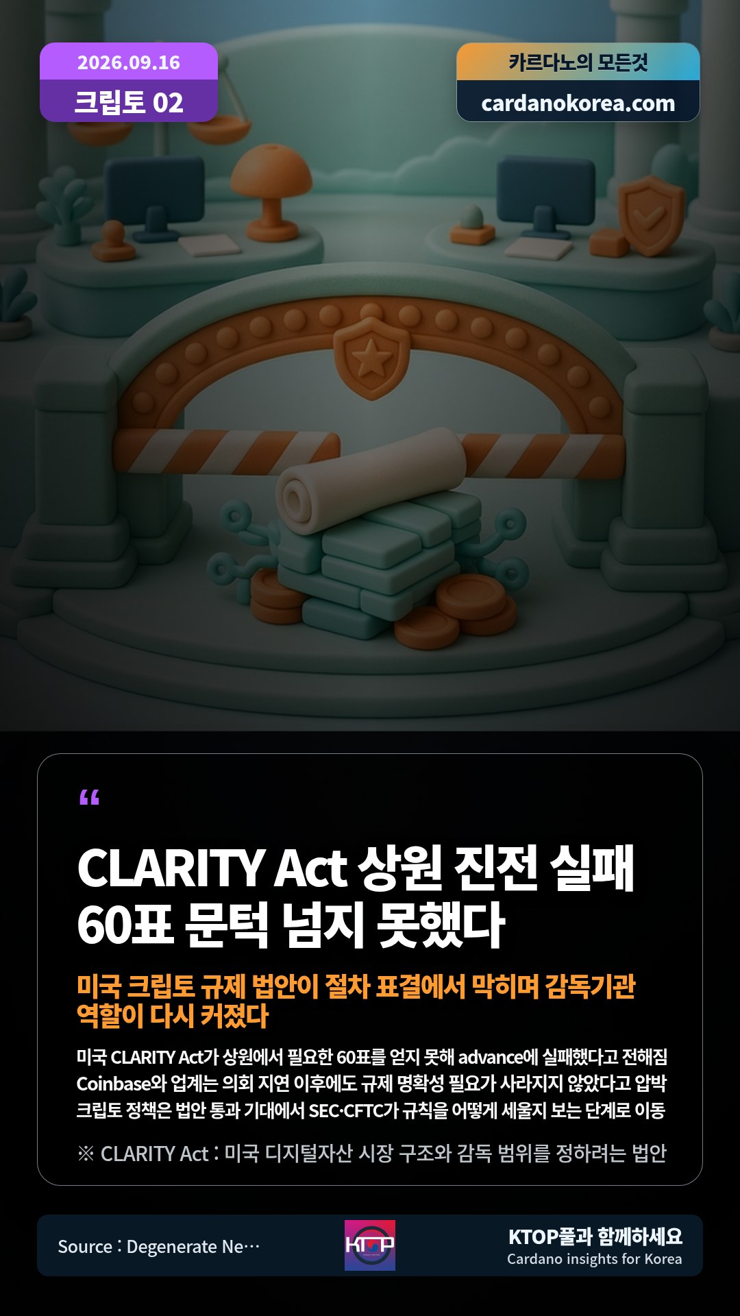 미국 CLARITY Act가 상원에서 필요한 60표를 얻지 못해 advance에 실패했다고 전해짐 — Coinbase와 업계는 의회 지연 이후에도 규제 명확성 필요가 사라지지 않았다고 압박