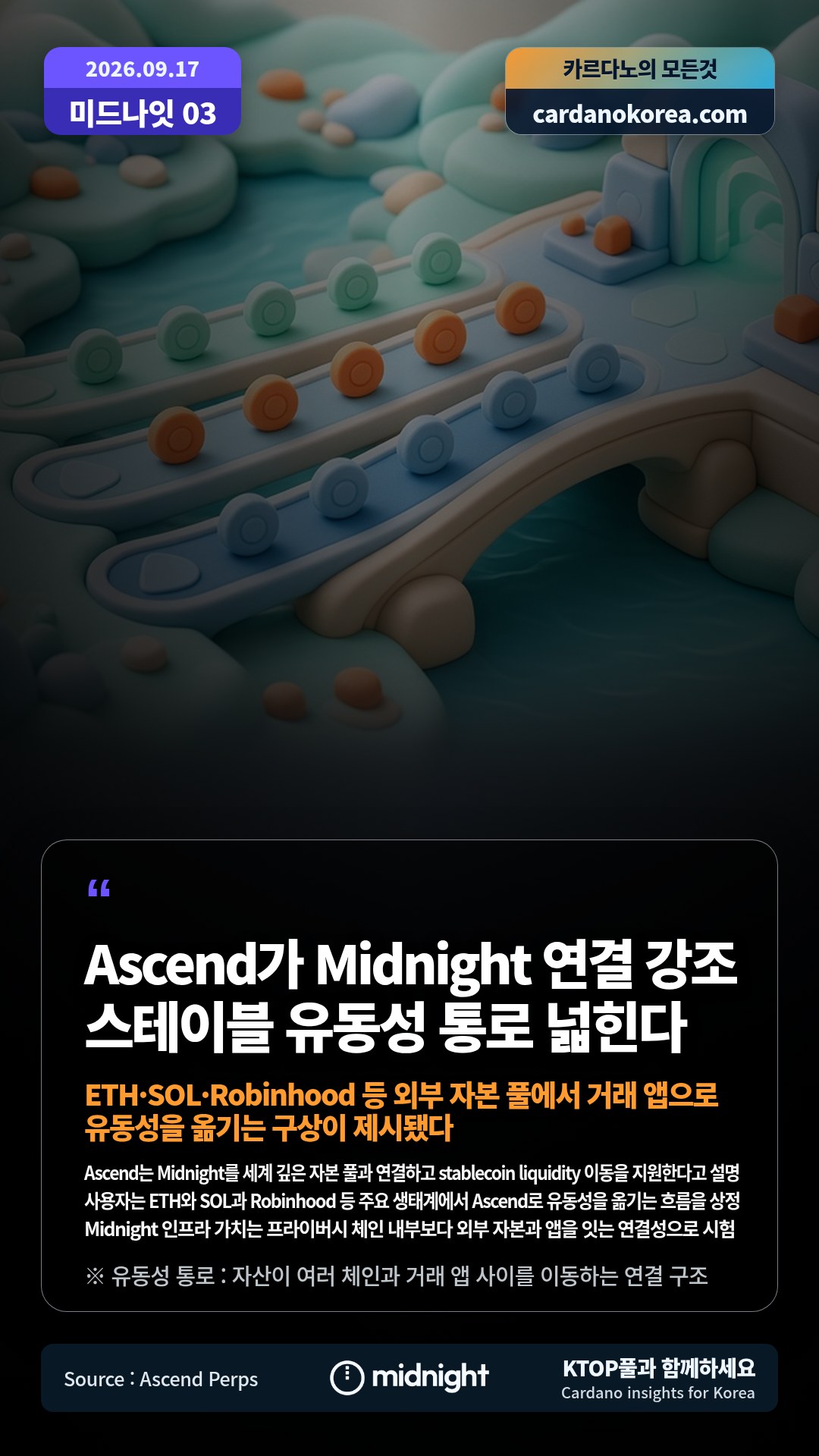 Ascend는 Midnight를 세계 깊은 자본 풀과 연결하고 stablecoin liquidity 이동을 지원한다고 설명 — 사용자는 ETH와 SOL과 Robinhood 등 주요 생태계에서 Ascend로 유동성을 옮기는 흐름을 상정