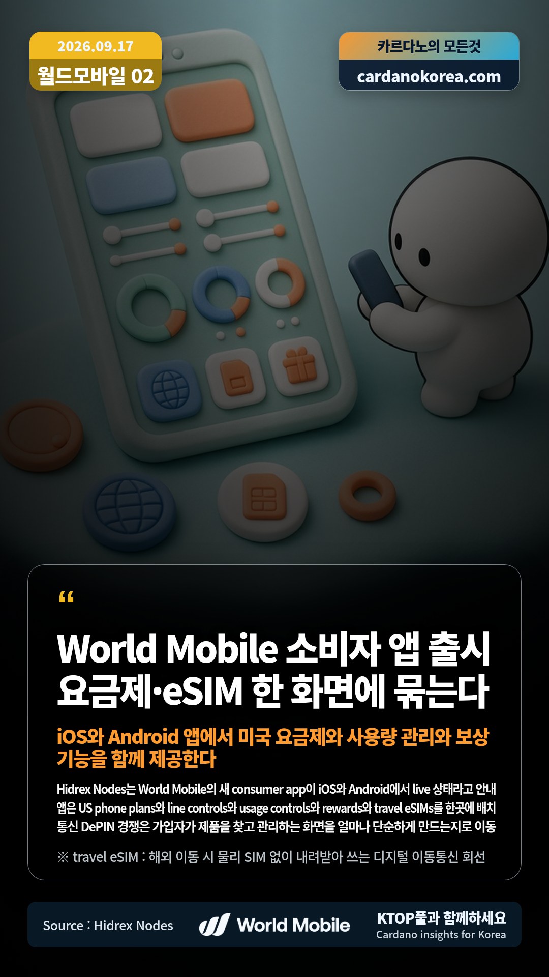 Hidrex Nodes는 World Mobile의 새 consumer app이 iOS와 Android에서 live 상태라고 안내 — 앱은 US phone plans와 line controls와 usage controls와 rewards와 travel eSIMs를 한곳에 배치