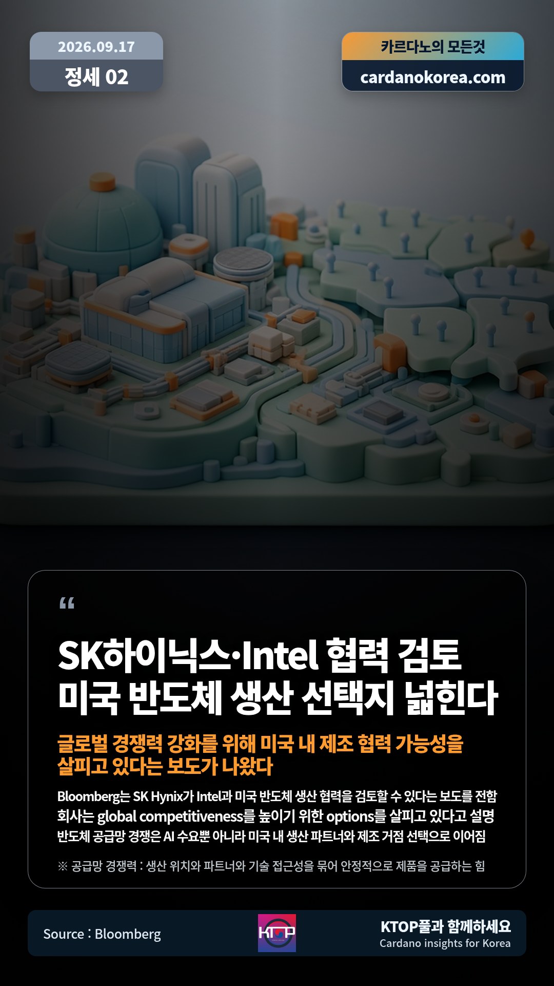 Bloomberg는 SK Hynix가 Intel과 미국 반도체 생산 협력을 검토할 수 있다는 보도를 전함 — 회사는 global competitiveness를 높이기 위한 options를 살피고 있다고 설명