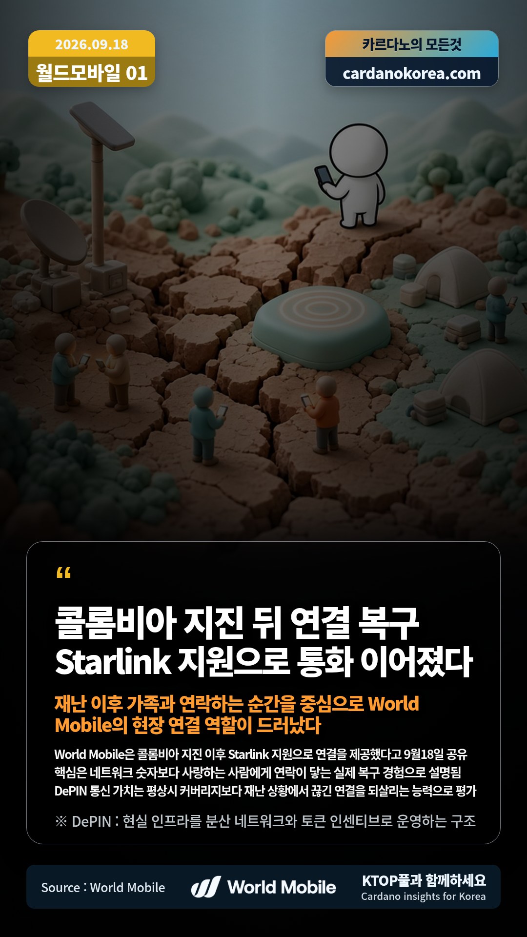 World Mobile은 콜롬비아 지진 이후 Starlink 지원으로 연결을 제공했다고 9월18일 공유 — 핵심은 네트워크 숫자보다 사랑하는 사람에게 연락이 닿는 실제 복구 경험으로 설명됨