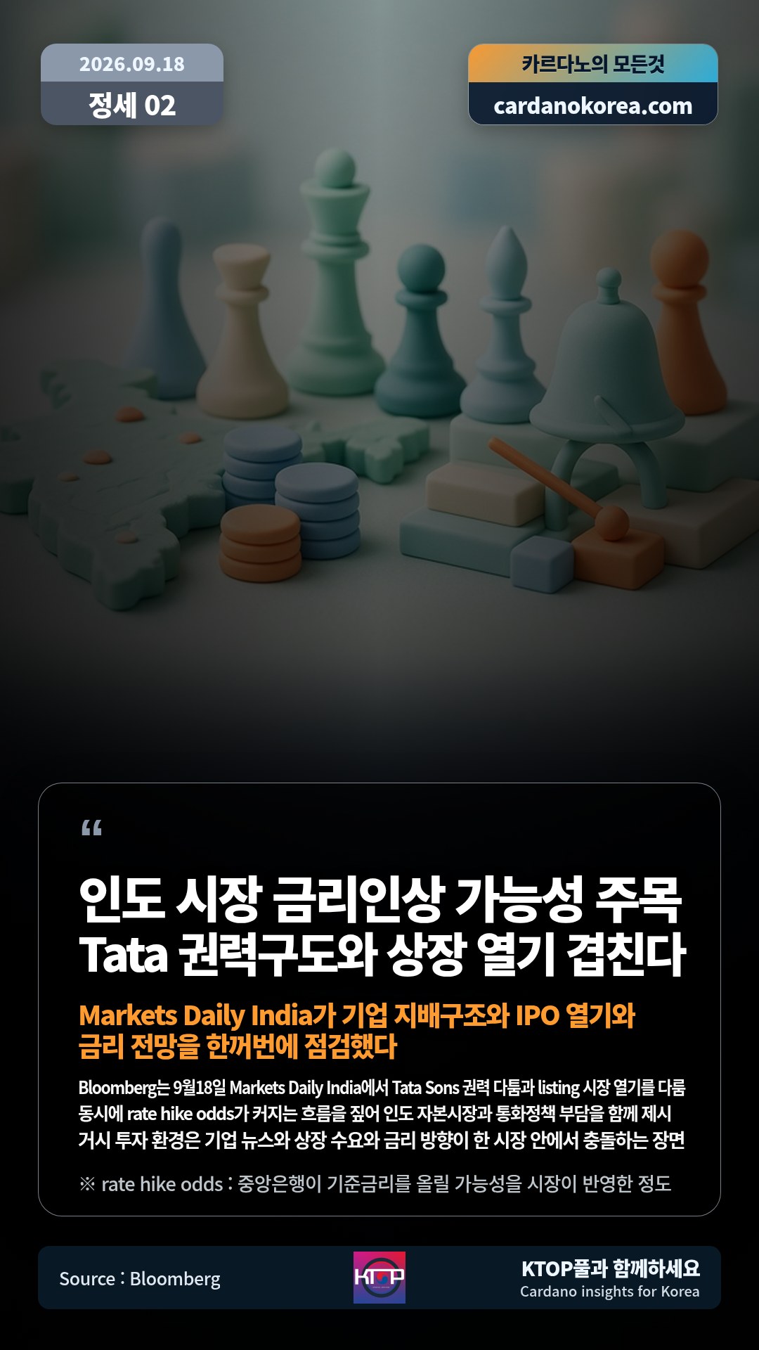 Bloomberg는 9월18일 Markets Daily India에서 Tata Sons 권력 다툼과 listing 시장 열기를 다룸 — 동시에 rate hike odds가 커지는 흐름을 짚어 인도 자본시장과 통화정책 부담을 함께 제시