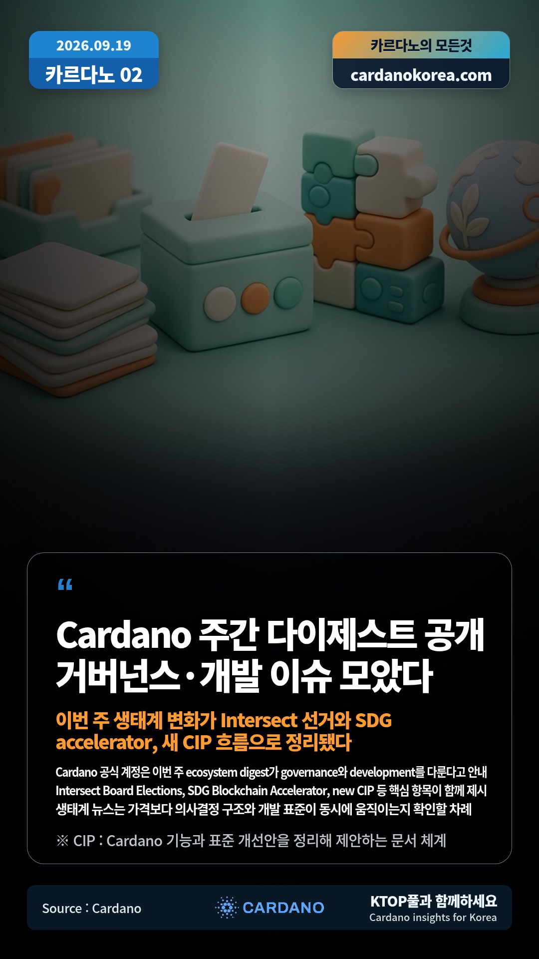 Cardano 공식 계정은 이번 주 ecosystem digest가 governance와 development를 다룬다고 안내 — Intersect Board Elections, SDG Blockchain Accelerator, new CIP 등 핵심 항목이 함께 제시