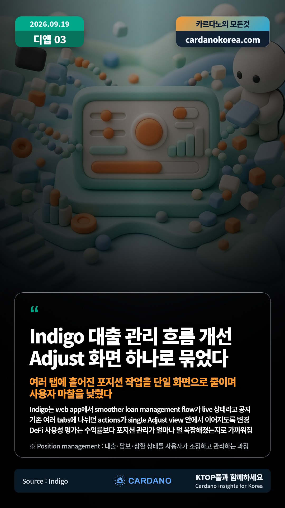 Indigo는 web app에서 smoother loan management flow가 live 상태라고 공지 — 기존 여러 tabs에 나뉘던 actions가 single Adjust view 안에서 이어지도록 변경