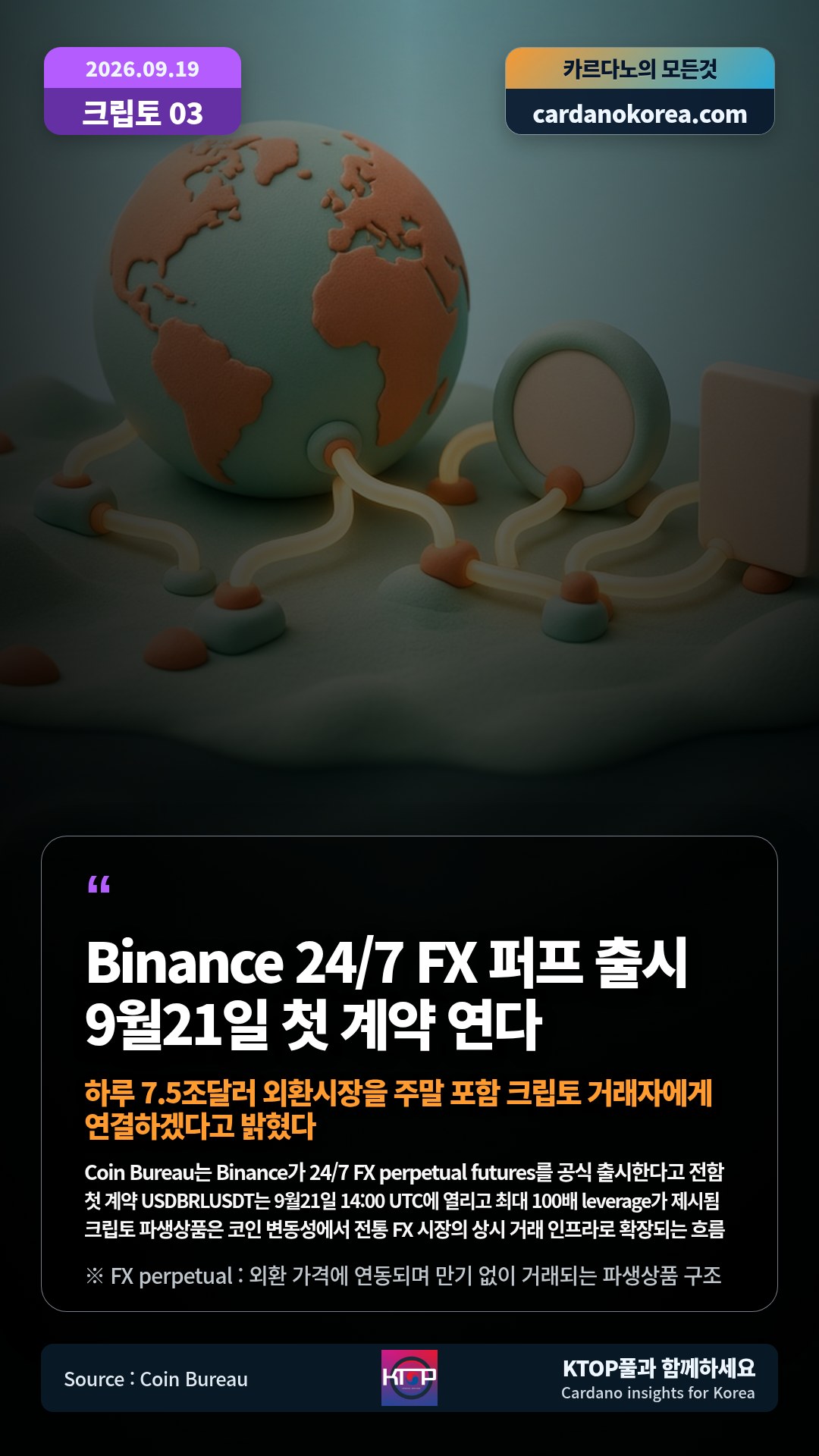 Coin Bureau는 Binance가 24/7 FX perpetual futures를 공식 출시한다고 전함 — 첫 계약 USDBRLUSDT는 9월21일 14:00 UTC에 열리고 최대 100배 leverage가 제시됨