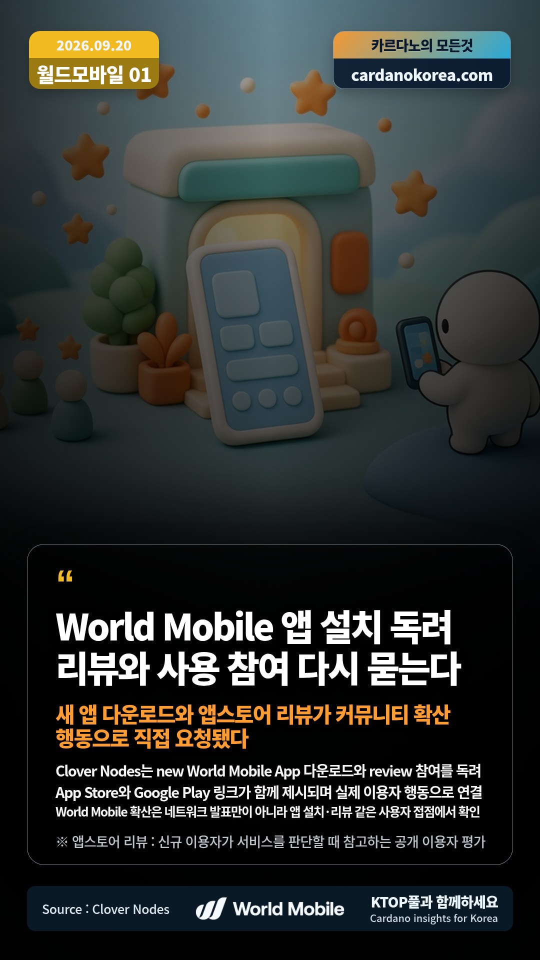 Clover Nodes는 new World Mobile App 다운로드와 review 참여를 독려 — App Store와 Google Play 링크가 함께 제시되며 실제 이용자 행동으로 연결