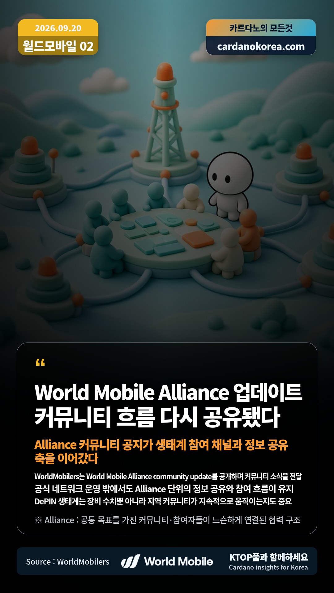 WorldMobilers는 World Mobile Alliance community update를 공개하며 커뮤니티 소식을 전달 — 공식 네트워크 운영 밖에서도 Alliance 단위의 정보 공유와 참여 흐름이 유지