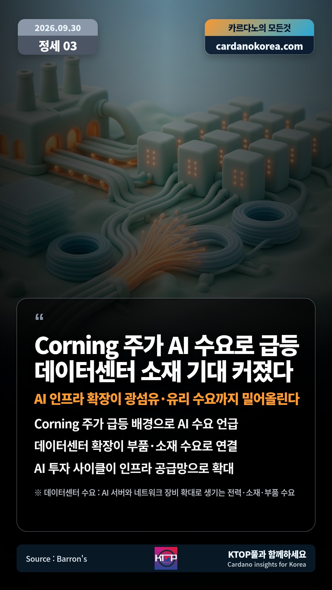 Corning 주가 급등 배경으로 AI 수요 언급 — 데이터센터 확장이 부품·소재 수요로 연결