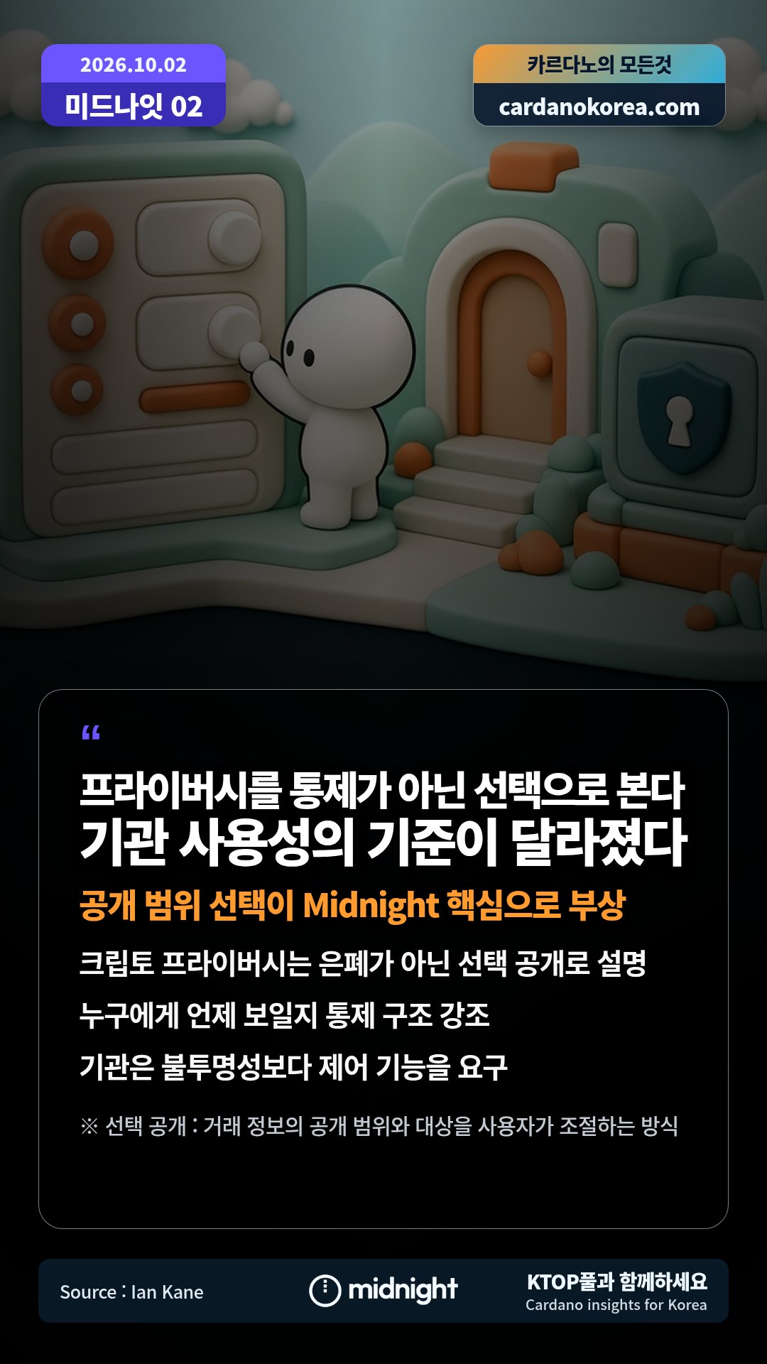 크립토 프라이버시는 은폐가 아닌 선택 공개로 설명 — 누구에게 언제 보일지 통제 구조 강조