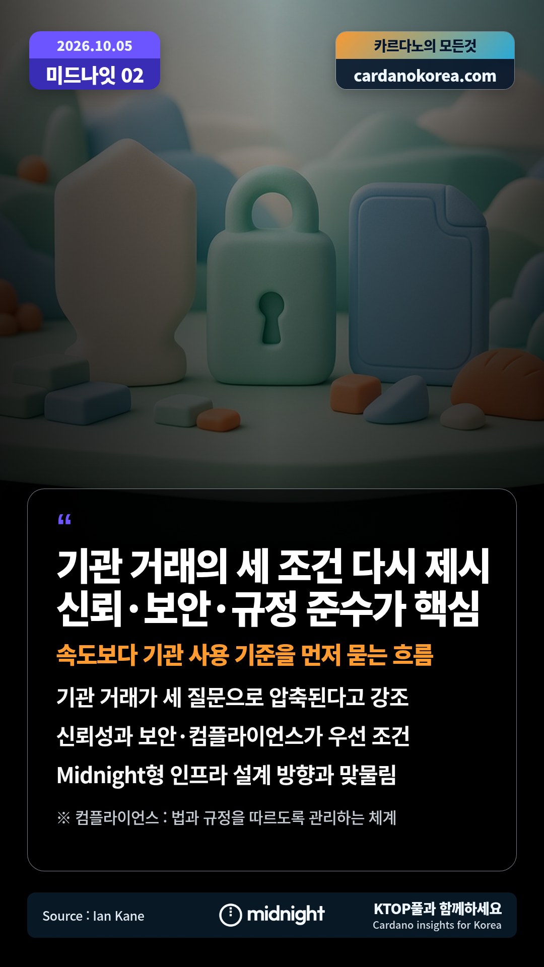 기관 거래가 세 질문으로 압축된다고 강조 — 신뢰성과 보안·컴플라이언스가 우선 조건