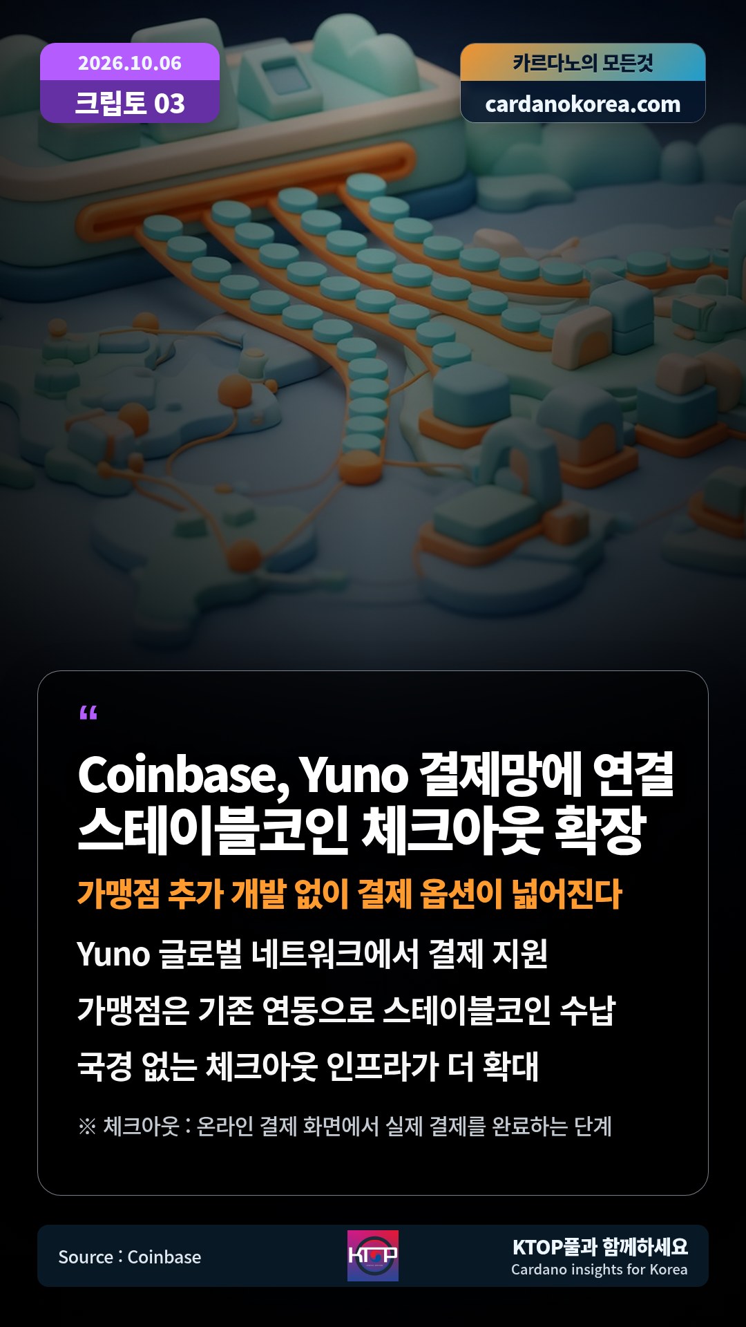 Yuno 글로벌 네트워크에서 결제 지원 — 가맹점은 기존 연동으로 스테이블코인 수납