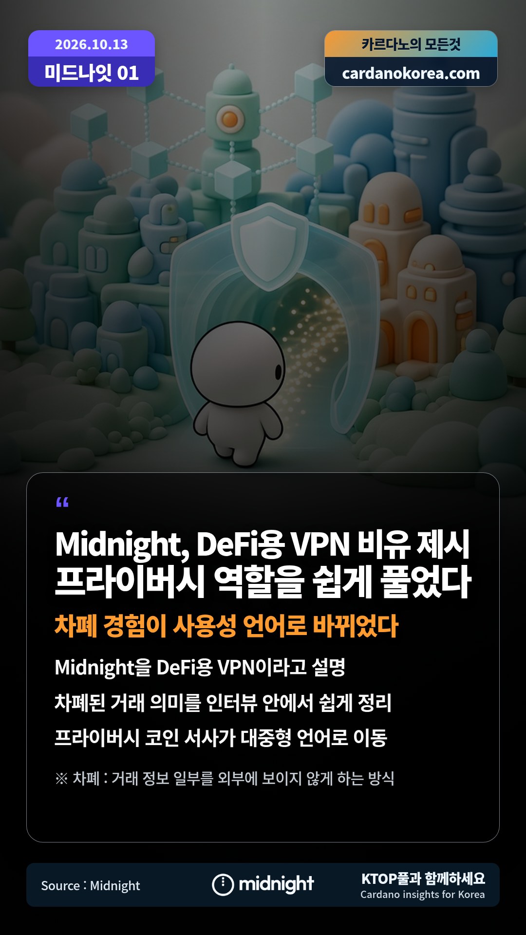 Midnight을 DeFi용 VPN이라고 설명 — 차폐된 거래 의미를 인터뷰 안에서 쉽게 정리