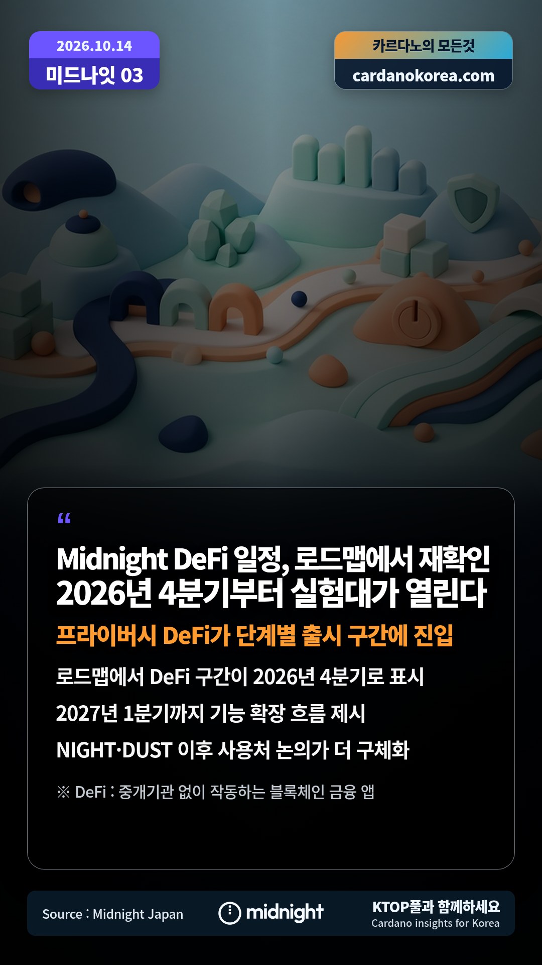 로드맵에서 DeFi 구간이 2026년 4분기로 표시 — 2027년 1분기까지 기능 확장 흐름 제시