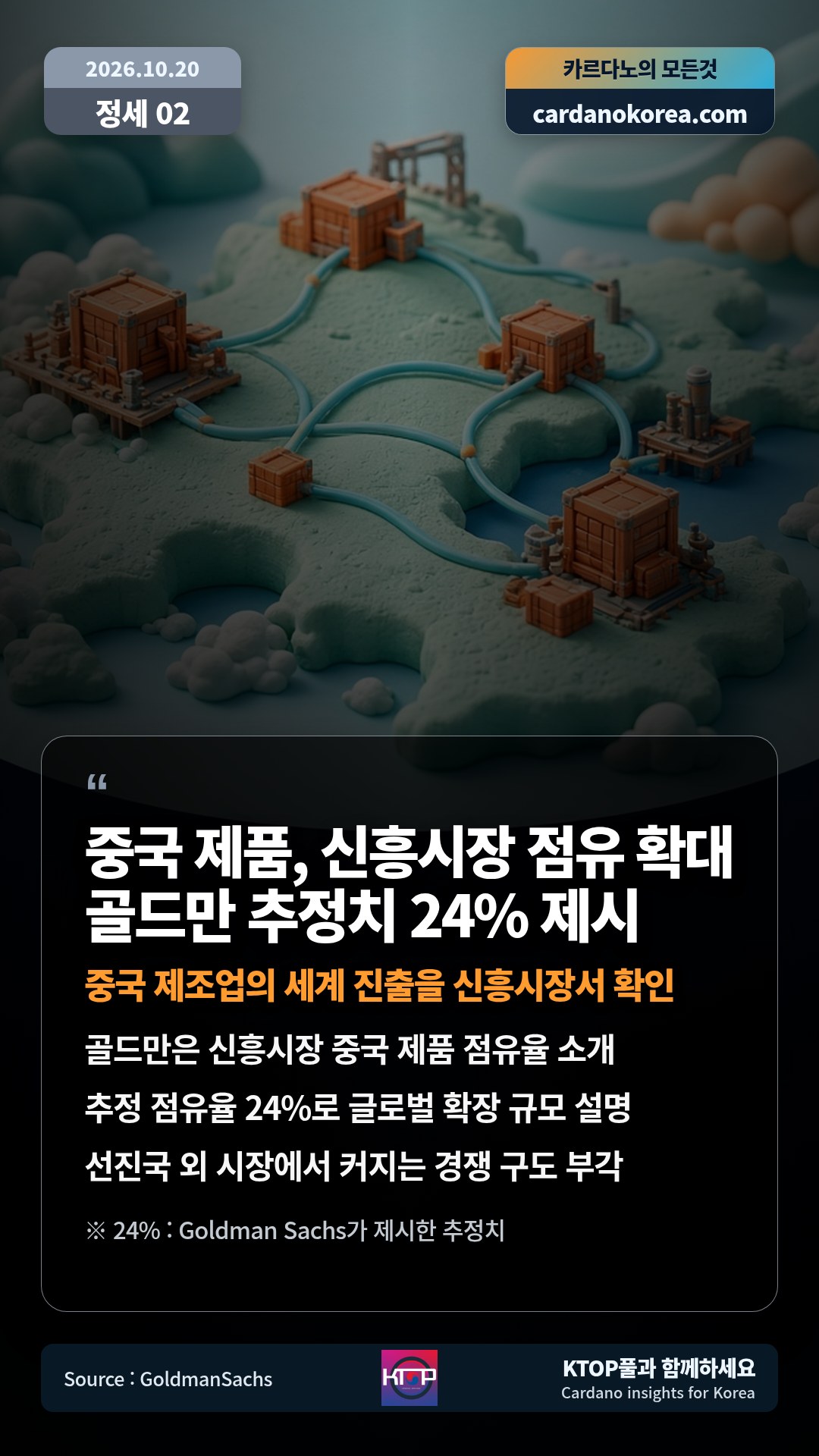 골드만은 신흥시장 중국 제품 점유율 소개 — 추정 점유율 24%로 글로벌 확장 규모 설명
