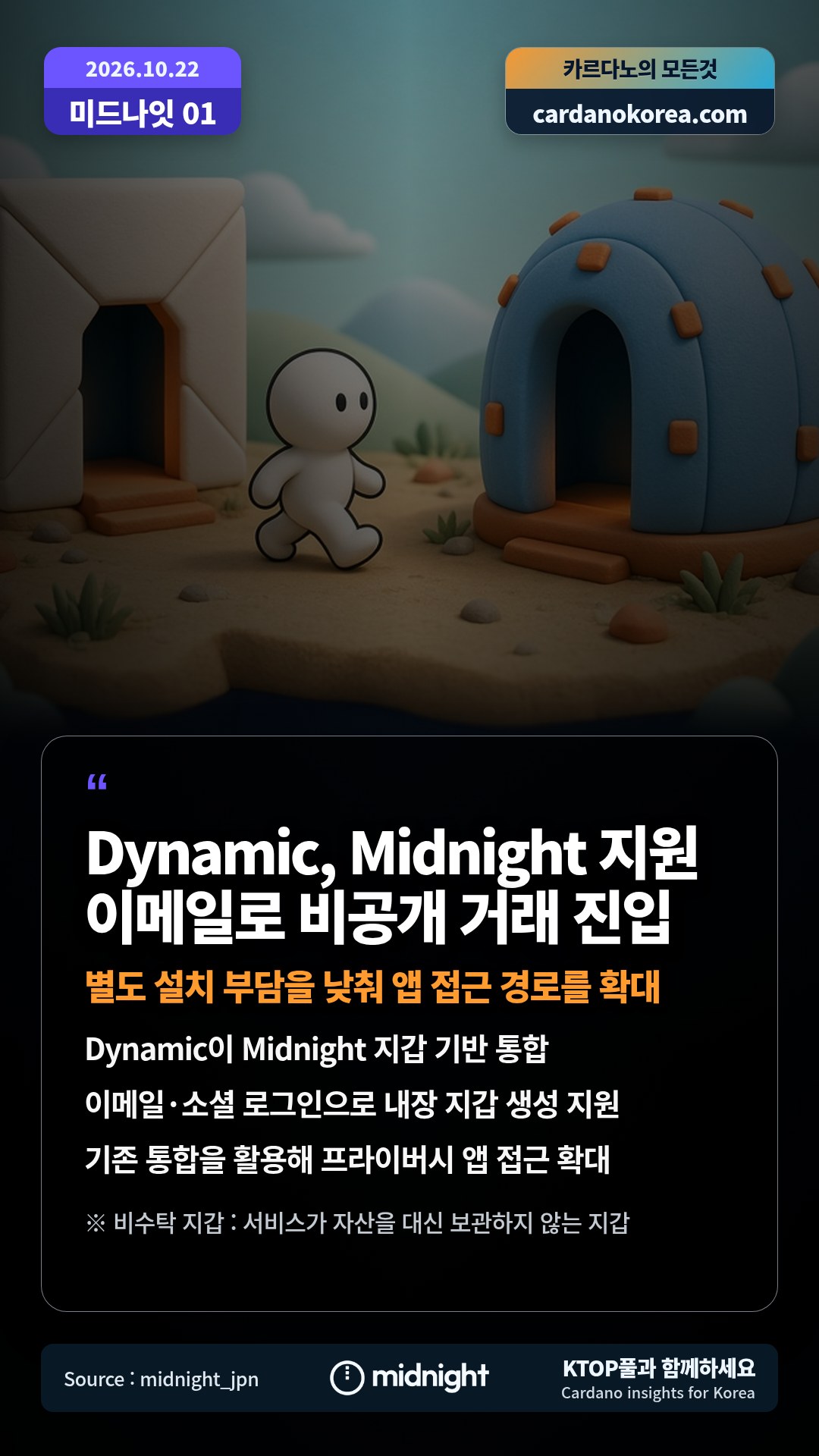 Dynamic이 Midnight 지갑 기반 통합 — 이메일·소셜 로그인으로 내장 지갑 생성 지원