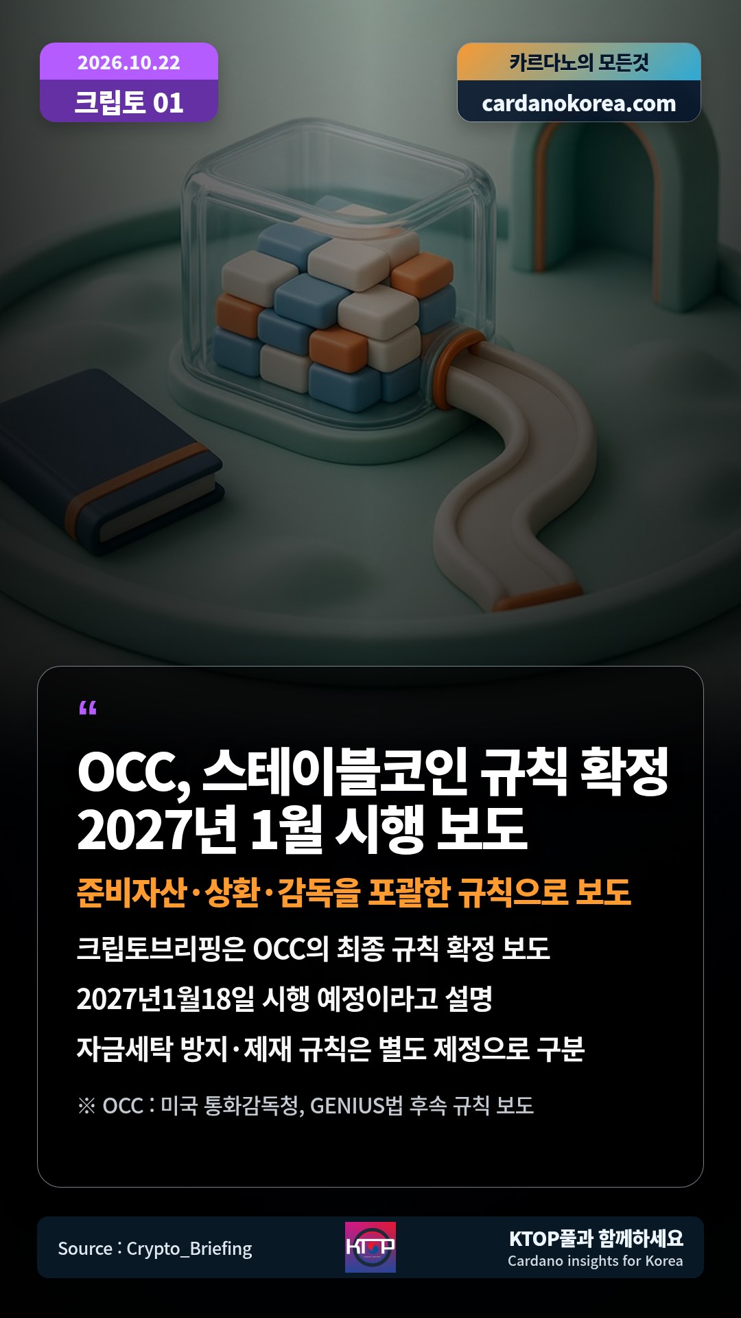 크립토브리핑은 OCC의 최종 규칙 확정 보도 — 2027년1월18일 시행 예정이라고 설명