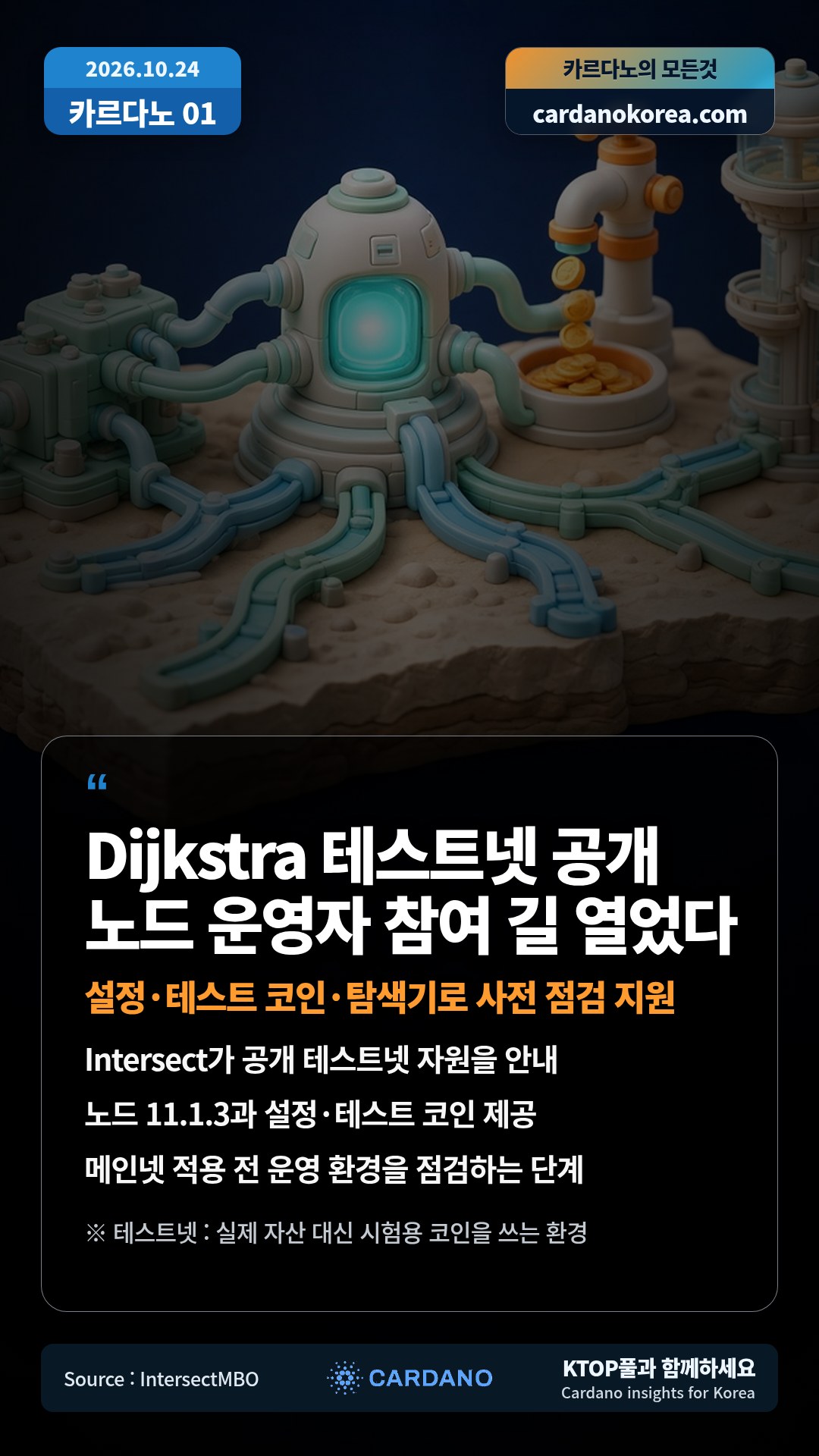 Intersect가 공개 테스트넷 자원을 안내 — 노드 11.1.3과 설정·테스트 코인 제공