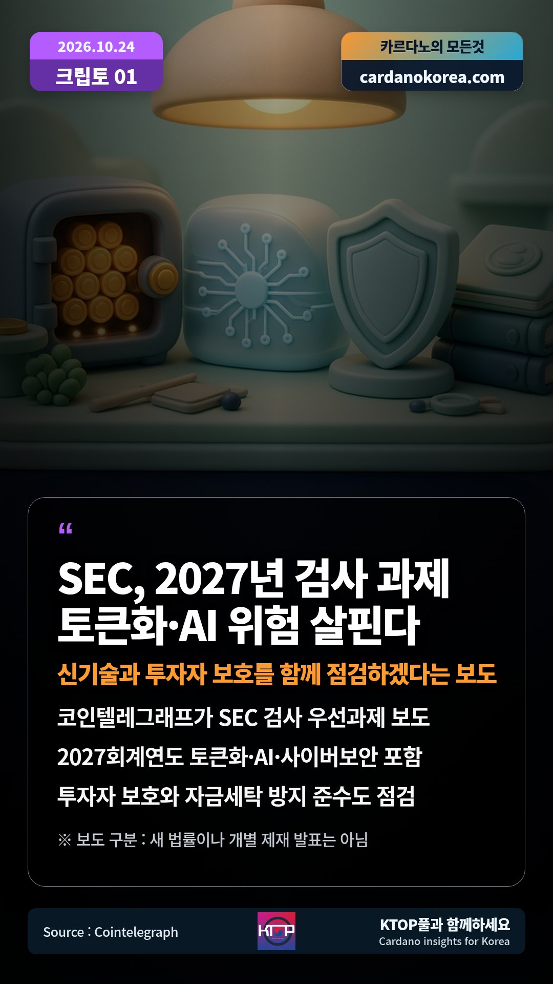 코인텔레그래프가 SEC 검사 우선과제 보도 — 2027회계연도 토큰화·AI·사이버보안 포함